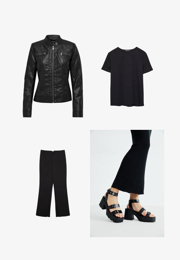 Svart läderjacka med ståkrage, dragkedja fram och två bröstfickor med dragkedja. Har strukturerade sömmar och en åtsittande silhuett.; En enkel svart bomulls T-shirt med kort ärm och rund hals, uppvisad på en vit bakgrund.; Svarta byxor med rak passform, utrustade med framfickor och sidoklyvningar vid fållen. Tillverkade av mjukt, slätt tyg. Lämpliga för olika tillfällen.; Svarta plattformssandaler med kraftiga yttersölar och flera remmar, med metalspännen och en slät läderliknande yta.