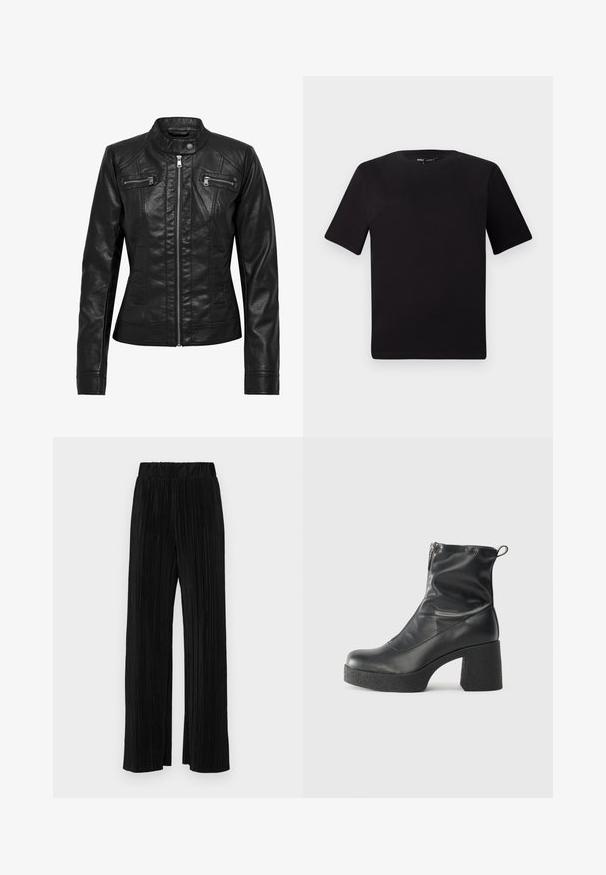 Czarna skórzana kurtka z kołnierzykiem stójkowym, z zapięciem na zamek z przodu i dwoma kieszeniami na zamek na piersi. Oferuje wyprofilowane szwy i dopasowaną sylwetkę.; Czarna koszulka z krótkim rękawem o okrągłym dekolcie, wykonana z miękkiej bawełny. Prosty design, bez widocznych logo ani wzorów.; Czarne spodnie plisowane z elastycznym paskiem w talii. Posiadają szerokie nogawki oraz gładki, teksturowany materiał z pionowymi paskami.; Czarne botki za kostkę wykonane z gładkiej skóry, wyposażone w boczny zamek błyskawiczny, masywny teksturowany obcas oraz zaokrąglony czubek.