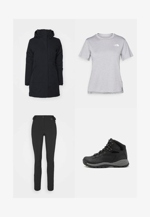 Črna vodoodporna jakna z visokim ovratnikom in kapuco. Ima dve stranski žep in raven kroj, izdelana iz teksturiranega materiala.; Siva kratka majica s kratkimi rokavi, izdelana iz mehkega, vlago odvračajočega materiala. Ima okroglo izrez in majhen bel logotip na zgornji levi strani.; Črne prileganje hlače, izdelane iz fleksibilnega materiala. Značilnosti vključujejo žep z zadrgo na strani, artikulirana kolena in gladko teksturo.; Črne pohodniške čevlje z srednje visokim dizajnom, ki imajo teksturirano zgornji del, sivi dodatki in vzdržljiv gumen podplat s protizdrsnimi izboklinami.