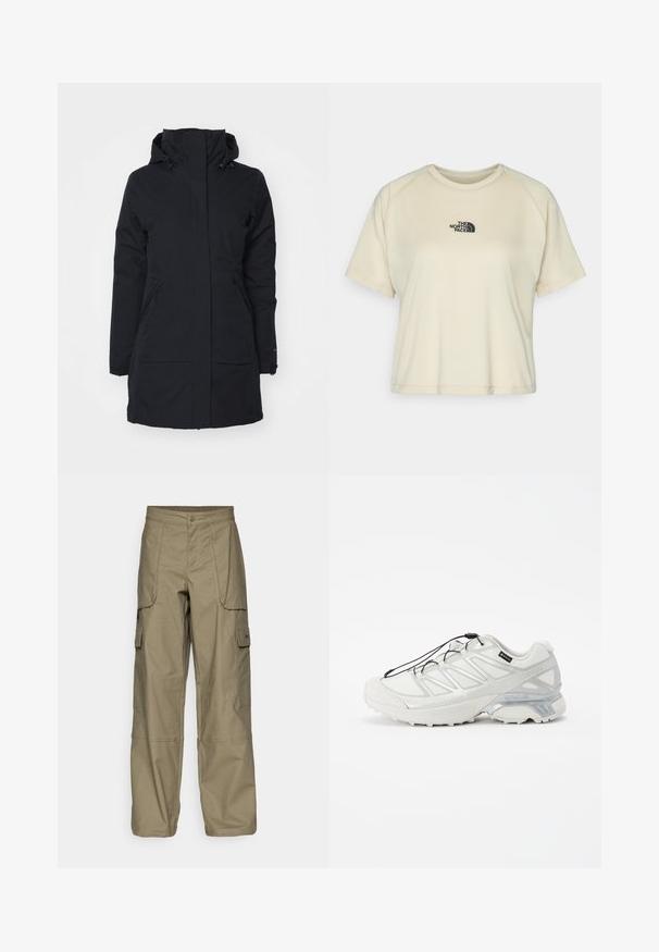 Must kuning veekindel jakk kõrge krae ja kapuutsiga. Omab kahte kül pocketit ja sirget lõiget, valmistatud tekstureeritud kangast.; Kreemivärvi lühikese varrukaga T-särk ümmarguse kaelusega ja raglansärkidega. Esiküljel on must tikandiga logo ülakehas.; Oliivrohelised cargo-püksid, millel on lõdvestatud istuvus, mitmed küljetaskud ja nööbiga sulgemine vööl. Sile tekstuur.; Valge spordijalats, millel on tekstuurne võrkpealne, peegeldavad aktsendid ja pehmendatud tald. Omab elastseid paelu ja halli detailide toon.