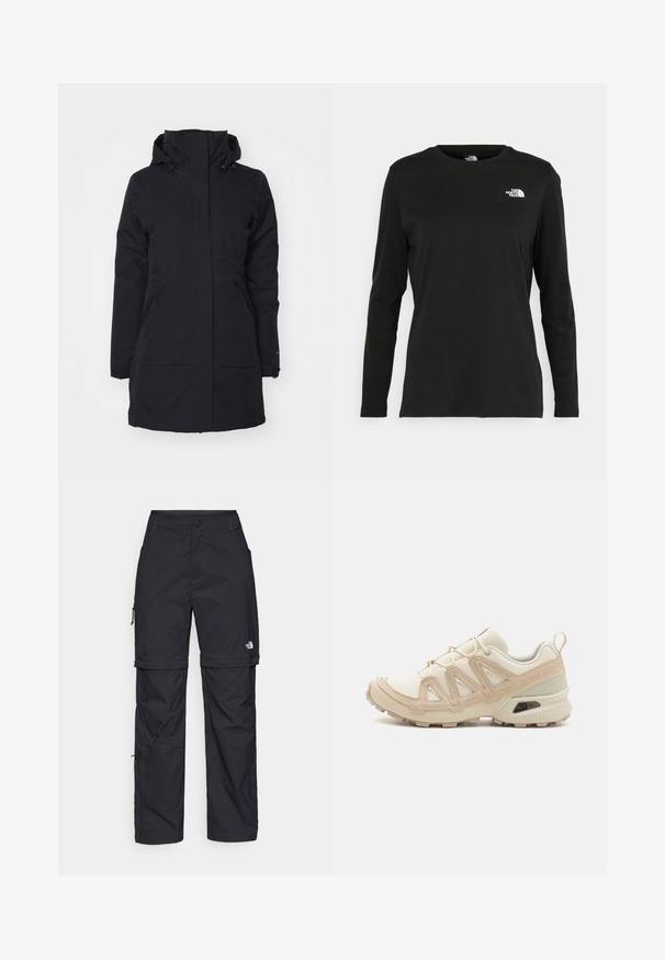 Fekete vízálló dzseki magas gallérral és kapucnival. Két oldalsó zseb található rajta, egyenes szabású, texturált anyagból készült.; Fekete, hosszú ujjú póló pamutból, kerek nyakkal. A bal mellrészen egy kis fehér logó található. Egyszerű dizájn és szabás.; Fekete nylon zipzáras cargo nadrág állítható mandzsettával, több zsebbel és logóval a jobb lábon. Simább, könnyű textúra.; Beige és krém színű sportcipő, texturált hálós felsőrésszel, támogató burkolattal és gumitalppal, amely tapadás érdekében bordázott mintázattal rendelkezik.
