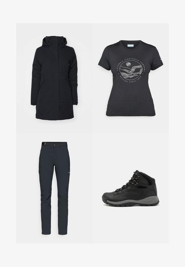Schwarze wasserdichte Jacke mit hohem Kragen und Kapuze. Verfügt über zwei Seitentaschen und einen geraden Schnitt, aus einem strukturierten Stoff gefertigt.; Schwarzes Columbia-T-Shirt mit weißer kreisförmiger Berg- und Fluss-Linienkunst und dem Text "Columbia Sportswear Company - Draußen seit 1938."; Herren Outdoor-Hosen, dunkelgrau, aus flexiblem Material, mit einem Gürtel, Reißverschlusstaschen und verstärkten Nähten.; Schwarzer Wanderstiefel mit einem mittelhohen Design, ausgestattet mit einer strukturierten Oberfläche, grauen Akzenten und einer robusten Gummisohle mit Profilstollen.