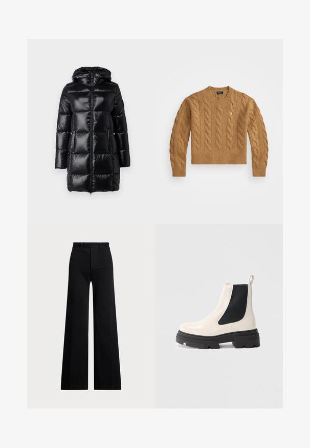 Gevoerd zwart winterjack met capuchon, glanzende afwerking, voorrits en zijzakken. Beschikt over rechthoekige gestikte secties voor isolatie.; Bruine kabelgebreide trui met een ronde halslijn, ribgebreide manchetten en zoom, voorzien van een klein logo op de borst, gemaakt van gestructureerde stof.; Zwarte wijde broek van geweven stof, met een hoge taille, sluiting met een knop aan de voorkant en zijzakken. Soepele textuur met strakke lijnen.; Crème leren Chelsea boot met dikke zwarte zool en elastisch zwart zijpaneel tegen een plain witte achtergrond.
