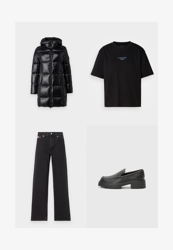 Gepolsterte schwarze Winterjacke mit Kapuze, glänzender Oberfläche, Frontreißverschluss und seitlichen Taschen. Verfügt über rechteckige, gesteppte Abschnitte zur Isolierung.; Schwarzes Baumwoll-T-Shirt mit Rundhalsausschnitt, kurzen Ärmeln und blau gesticktem "Calvin Klein JEANS"-Logo auf der Vorderseite.; Schwarze weit geschnittene Jeans aus Denim mit einem hoch sitzenden Bund, fünf Taschen und einem Metallknopfverschluss mit kontrastierendem Nähte.; Schwarze Lederloafer mit einer abgerundeten Spitze, dicker strukturierten Laufsohle und minimalen Nähten. Schlankes Design ohne sichtbare Schnürsenkel oder Beschläge.