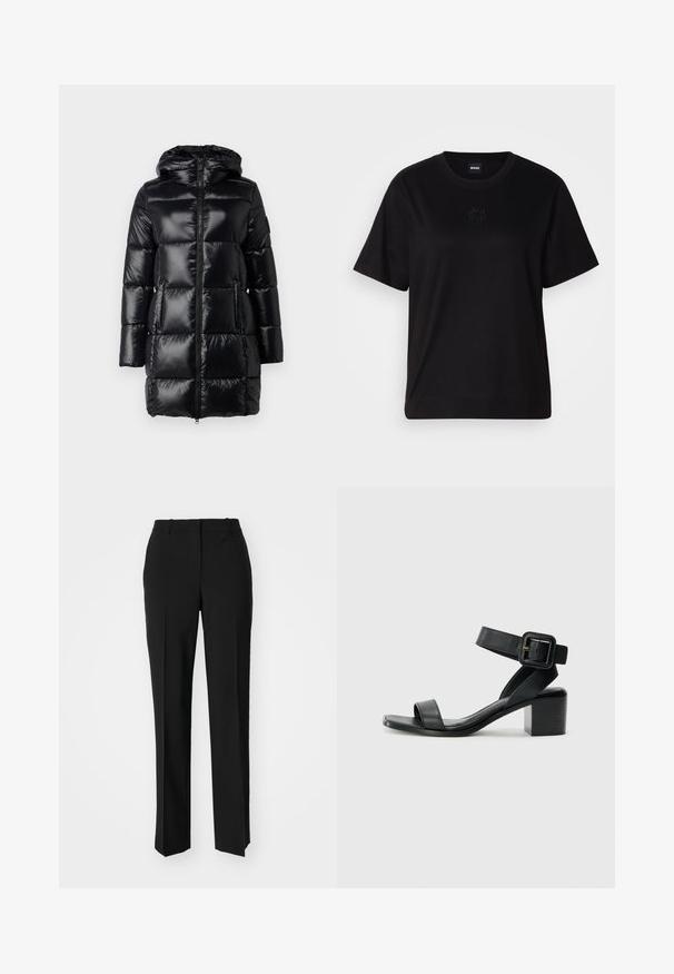 Párnázott fekete téli kabát kapucnival, fényes felületű, elől cipzárral és oldalsó zsebekkel. Téglalap alakú steppelt részekkel rendelkezik a hőszigetelés érdekében.; Fekete pamut póló kerek nyakkivágással, rövid ujjakkal és hímzett logóval a mellkasán. Egyszerű, laza szabás, minta nélkül.; Fekete, testhezálló nadrág egyenes szárú kivitelben, sima textúrával és éles redőkkel az elején. Nincs látható fémalkatrész.; Fekete bőrből készült sarokszandál állítható bokapánttal, nyitott orral és négyzet alakú tömb sarokkal. Simább textúra, minimalista stílus.