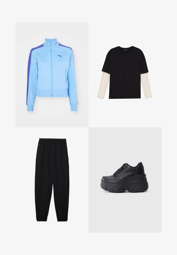 Šviesiai mėlynas užtrauktuku užsegamas džemperis su stovinčiu apykaklės, violetinėmis pečių juostelėmis ir priekinėmis kišenėmis. Yra raukšlėti rankogaliai ir apatinis kraštas, taip pat logotipas ant krūtinės.; Juodas medvilninis marškinėliai su trumpomis rankovėmis, virš baltos ilgo rankovio sluoksnio, turinčio subtilų tekstūrinį raštą. Apvalus iškirpimas.; Juodi, lengvi kelnių su elastinga juosmens juosta ir surinktais kulkšniais. Audinys yra lygus ir turi atsipalaidavusį, siaurėjantį dizainą.; Juodi lakuoti sportbačiai su masyviu padu, turintys sklandų odinį viršų, suapvalintą pirštą ir išskirtinį sluoksniuotą platformos dizainą.