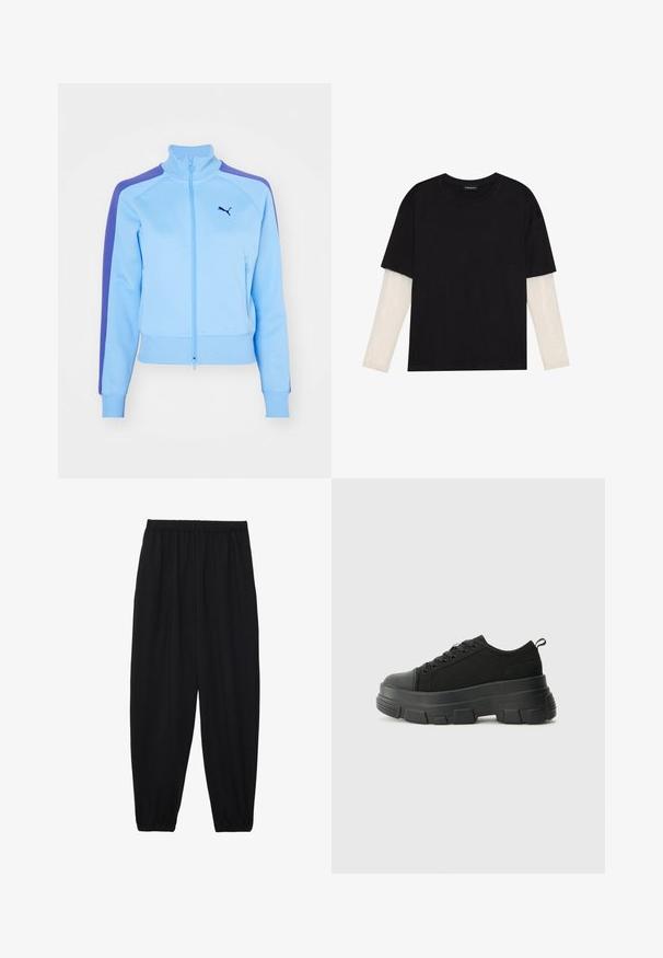 Veste zippée bleu clair avec un col montant, rayures violettes sur les épaules et poches avant. Présente des poignets et un ourlet côtelés, avec un logo sur la poitrine.; T-shirt noir en coton, avec des manches courtes sur une couche à manches longues blanche avec un motif texturé subtil. Col rond.; Pantalons noirs légers avec une taille élastique et des chevilles froncées. Le tissu est lisse et présente un design décontracté et fuselé.; Baskets noires avec une semelle en caoutchouc épaisse, un dessus en tissu texturé, un bout rond et un design à lacets. Présente des œillets renforcés et une languette à l'arrière.
