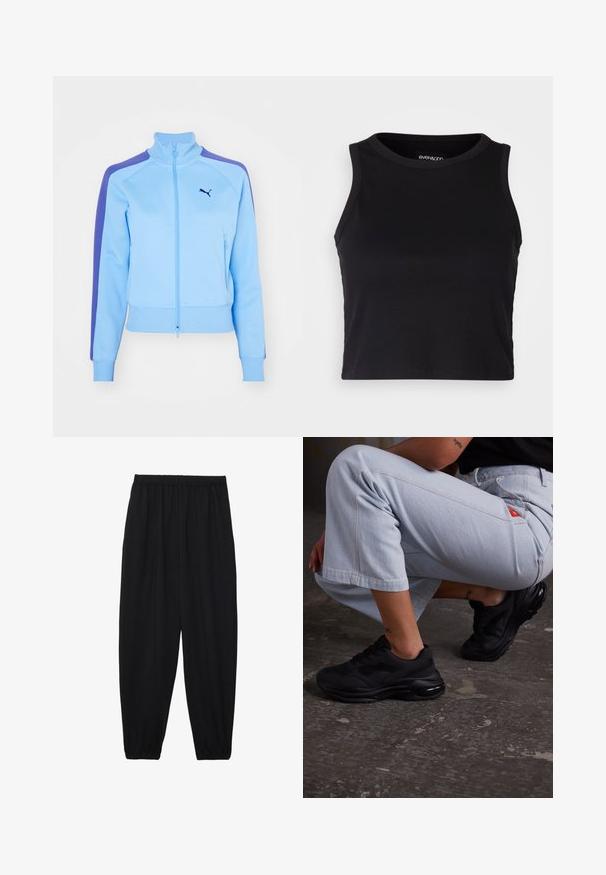 Helle blaue Zip-Jacke mit Stehkragen, lila Schulterstreifen und Fronttaschen. Sie verfügt über gerippte Bündchen und einen gerippten Saum sowie ein Logo auf der Brust.; Schwarzes, geripptes Cropped Tanktop mit rundem Ausschnitt und ärmellosem Design. Hergestellt aus weichem, dehnbarem Material, mit sauberen, gekettelten Kanten.; Schwarze, leichte Hosen mit einem elastischen Bund und gerafften Knöcheln. Der Stoff ist glatt und hat ein entspanntes, schmal zulaufendes Design.; Schwarze Sportsneaker mit einer strukturierten Oberfläche, dicker Sohle und Luftpolsterung. Kombiniert mit hellblauen, cropped Hosen in einer lässigen Haltung.
