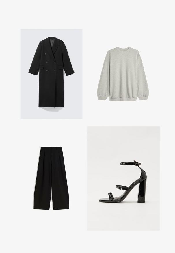Črn dvoredni plašč iz teksturirane tkanine. Ima ovratnik z zarezami, dva sprednja žepa in šest gumbov spredaj.; Siv sweatshirt iz mehkega blaga, z okroglim izrezom, dolgimi rokavi z elastičnimi manšetami in sproščenim krojem. Brez vzorcev ali dodatkov.; Črne široke hlače iz gladkega materiala, z visokim pasom, gubami spredaj in brez vidnih okraskov ali vzorcev.; Črne lakirane sandale s peto, kvadratnim prstom, trakovi okrog gležnja in srebrnimi zaponkami. Opremljene so s stabilno Debelo peto.