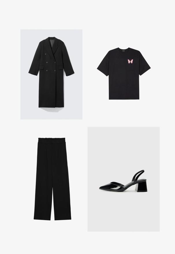 Mustast tekstuurkangast kahekordse nööpimisega mantel. Omab sisselõigatud kraega, kahte eesmist taskut ja kuut nööpi ees.; Must muströöpidega must puuvillane T-särk, vasakul rinnal on väike roosa liblikas. Ümar kaelus ja vabalt istuv lõige.; Mustad laiad püksid rüüstatud vöökohtadega, millel on kaks küljetaskut ja ühetaoline, kerge kangas. Ilma nähtavate mustrite või seadmeteeta.; Mustad musta lakknahk kingad, millel on terav varvas ja geomeetriline plokkkonts. Omab elegantselt minimalistlikku disaini ja sujuvat tekstuuri.