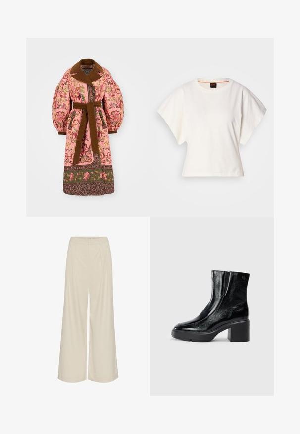 Prošívaný růžový plášť s květinovými vzory, hnědým límcem a opaskem, nadýchanými rukávy a dekorativním lemem na spodním okraji.; Bílý zkrácený T-shirt, krátké široké rukávy, měkký bavlněný materiál, kulatý výstřih s jemným oranžovým lemováním, minimalistický design, bez vzorů nebo grafik.; Kalhoty s širokými nohavicemi ve světle béžové látce, s plisováním, vysokým pasem a hladkou texturou bez viditelných ozdob.; Černé lakované kotníkové boty s zakřivenou špičkou, elastickými bočními panely a robustním blokovým podpatkem. Na zadní straně se nachází embosované logo.