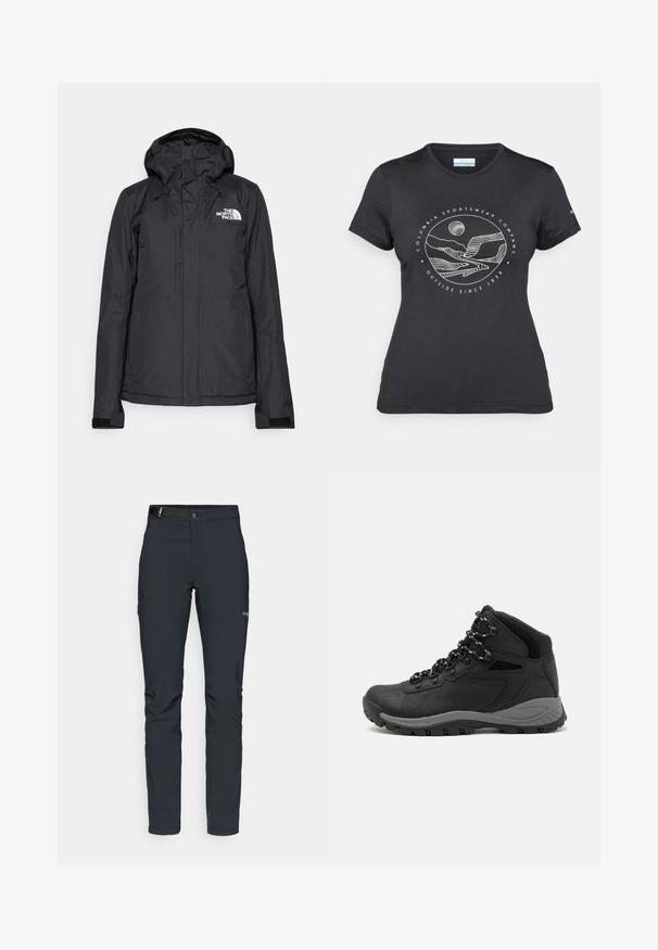 Črna vodoodporna jakna z nastavljivo kapuco, dvema žepoma z zadrgo in ventilacijo. Značilnosti vključujejo logo na prsih in elastične manšete za varen oprijem.; Črna majica Columbia z belim krožnim risanjem gora in reke ter napisom "Columbia Sportswear Company Outside Since 1938."; Moške zunanje hlače, temno siva, izdelane iz fleksibilnega materiala, z pasom, žepom na zadrgo in ojačanim šivanjem.; Črne pohodniške čevlje z srednje visokim dizajnom, ki imajo teksturirano zgornji del, sivi dodatki in vzdržljiv gumen podplat s protizdrsnimi izboklinami.