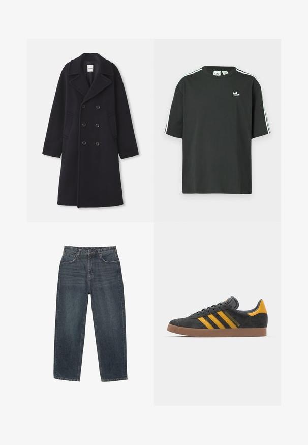Kétgombos tengerészkék gyapjú kabát nagy, kerek nyakkivágással, négy elülső gombbal és két oldalsó zsebbel. Klasszikus egyenes vonalú dizájn.; Fekete pamutpóló rövid ujjakkal, kerek nyakkivágással és fehér háromcsíkos mintázattal a vállakon. A mellrészen kis fehér logó található.; Sötétkék denim farmernadrág egyenes szabással, öt zsebből, övgyűrűkből és enyhe kopásból álló anyaggal. Steppelt szegély részletezéssel.; Fekete velúrbőr sportcipő sárga díszítéssel, három csíkkal és barna gumitalppal. Párnázott nyelvével a kényelem érdekében.