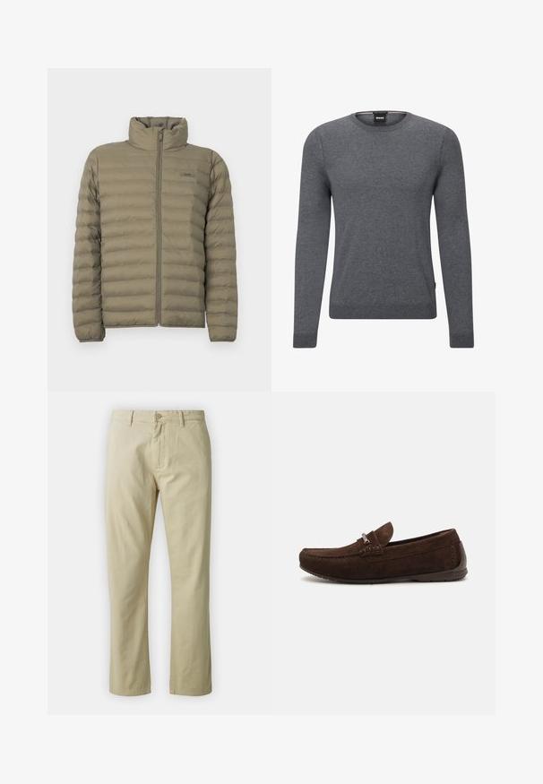 Chaqueta acolchada en verde oliva, con un alto cuello, cierre frontal de cremallera completa y textura acolchada horizontal. Etiqueta de la marca visible en el pecho.; Suéter gris de cuello redondo hecho de suave tejido de punto. Presenta mangas largas, puños y dobladillo acanalados, y una pequeña etiqueta de logo en el costado.; Pantalones de algodón beige con un diseño de pierna recta, cierre frontal con botón y presillas para cinturón. Textura suave, sin patrones ni acentos visibles.; Mocasines de ante marrón con un diseño de costura, sutil textura, punta redondeada y acentos de hardware plateado. Suela baja de goma para mayor comodidad.