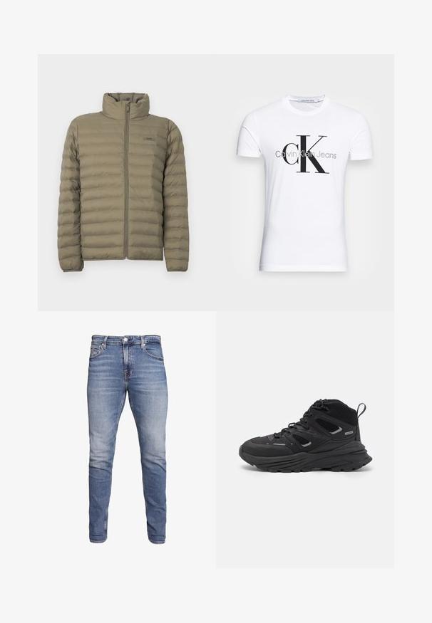 Zateplená bunda olivovej farby, s vysokým golierom, plným zipsom vpredu a horizontálnou prešívanou textúrou. Značka je viditeľná na hrudi.; Biele bavlnené tričko s čiernym logom "CK" a nápisom "Calvin Klein Jeans", krátke rukávy a klasický okrúhly výstrih.; Modré slim-fit džínsy s piatimi vreckami, s vyblednutým vzhľadom, na gombík a s pútkami na opasok, vystavené na bielom pozadí.; Čierne turistické topánky s vrstveným dizajnom, textúrovaným materiálom a gumovou podrážkou, so zosilnenými miestami a šnurovaním vpredu.