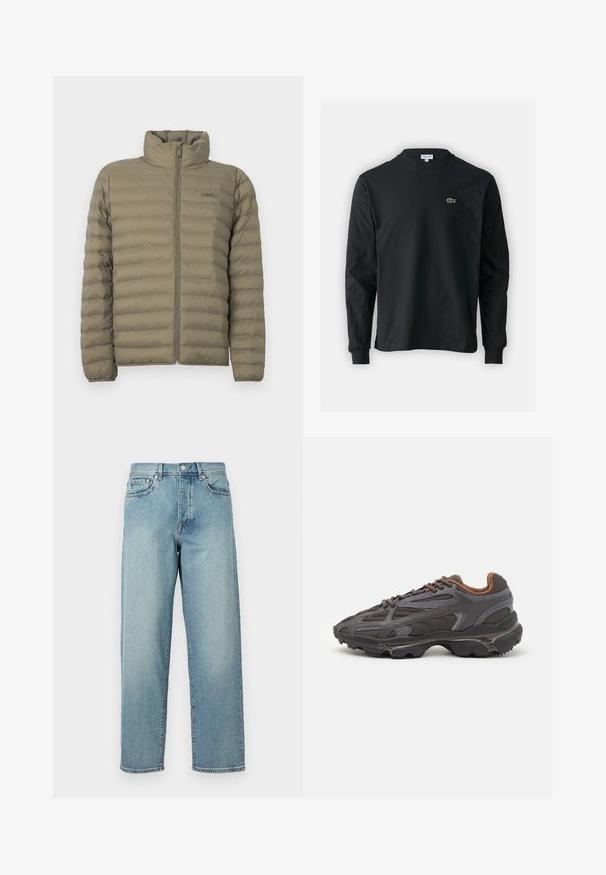 Veste rembourrée en vert olive, avec un col haut, fermeture éclair devant et texture matelassée horizontale. Étiquette de marque visible sur la poitrine.; T-shirt noir à manches longues en coton, avec un col rond et un petit logo de crocodile brodé vert sur la poitrine gauche.; Jean en denim bleu clair avec une coupe loose, jambes droites, design à cinq poches et fermeture à bouton à la taille. Détail de couture minimaliste.; Baskets Lacoste en gris foncé, en matériau mesh et synthétique, avec une semelle texturée et des accents marron sur le col et le branding.