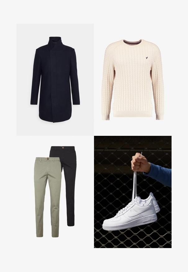 Marinblå kappa i ullblandning med hög krage, skräddarsydd design, långa ärmar och sidofickor. Slät textur och minimalistisk stil.; Krämfärgad kabelstickad tröja med långa ärmar och rundad halsringning. Har ribbstickade muddärmar och nederkant, med en liten broderad logotyp på bröstet.; Två par slim-fit byxor: ett par i ljusbeige bomull med knappar, det andra i enfärgad svart bomull, båda med sidofickor.; Vita lädersneakers med perforeringar, rund tå, platt sula och tjocka snörning, med en synlig swoosh-logga och "AIR" på hälen.