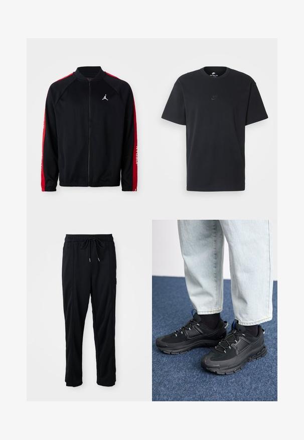 Mustmust mustäriga must spordijakk punaste triipudega varrukatel, elastsete mansettide ja valge Jumpmani logoga vasakul rinnal.; Nike musta mustast puuvillast T-särk klassikalise ümmarguse kaelusega, lühikeste varrukatega ja õrna, reljeefse logoga rinnal. Sile tekstuur.; Mustad nööridega vööga igapäevased mustad püksid, külgseamipocketid ja sirge sääre lõikega, ühtlasel taustal.; Mustad mustad jooksukingad, millel on tekstureeritud kangas ja kummist tallad, elastsed nöörid ning sinine aksent kandadel. Kandmine heledate teksadega.
