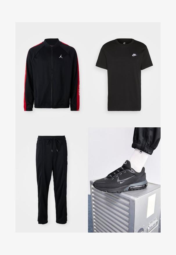 Veste de sport noire zippée avec des rayures rouges sur les manches, des poignets élastiques et un logo Jumpman blanc sur la poitrine gauche.; T-shirt en coton noir à manches courtes, col rond, avec un petit logo Nike blanc sur la poitrine supérieure gauche. Texture lisse. Coupe classique.; Pantalons décontractés noirs à taille à cordon de serrage avec poches latérales et coupe droite sur fond uni.; Nike Sportswear PULSE - Baskets basses - black/anthracite
