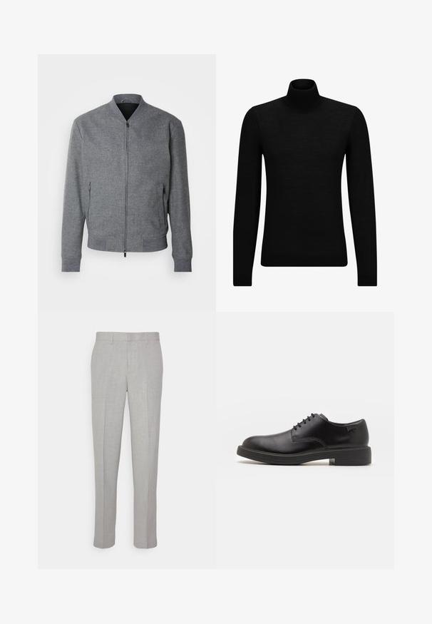 Hallgray bomberijakk, millel on struktureeritud lõige, soonilised mansetid ja alumine äär, kaks lukuga küljetaskut ning sile viimistlus. Omab seisevat krae.; Musthave muströid ja pehmest materjalist must turtleneck, millel on pikad varrukad ja tihe istuvus. Ribaga ääris allservas ja vöökohal. Lihtne disain.; Heledad hallid püksid sileda tekstuuriga, lame esiots ja sirged sääred. Valmistatud hingavast kangast, millel on sisepocketid ja vöölõngad.; Must beemel levalis kingad ümarate varvastega, sileda pinnaga, minimaalsete õmblustega ja madala kummist kontsaga. Logo kontsa peal.