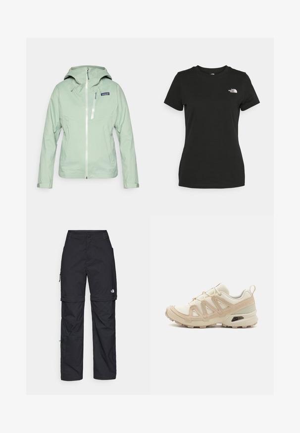 Svetlo zelena nepremočljiva jakna iz teksturirane tkanine, z kapuco, zadrgo po celotni sprednji strani in majhnim logotipom na levi strani prsi.; Črna bombažna majica s krožnim izrezom in kratkimi rokavi. Opazna bela oznaka na zgornji levi strani. Gladka tekstura, sproščen kroj.; Črne najlon hlače z zipom, ki se lahko odstranijo, s prilagodljivimi manšetami, več žepi in logotipom na desni nogi. Gladka, lahka tekstura.; Bež in krem športni čevlji z teksturiranim mrežastim zgornjim delom, podpornimi prekrivali in gumijastim podplatom z vzorcem za oprijem.