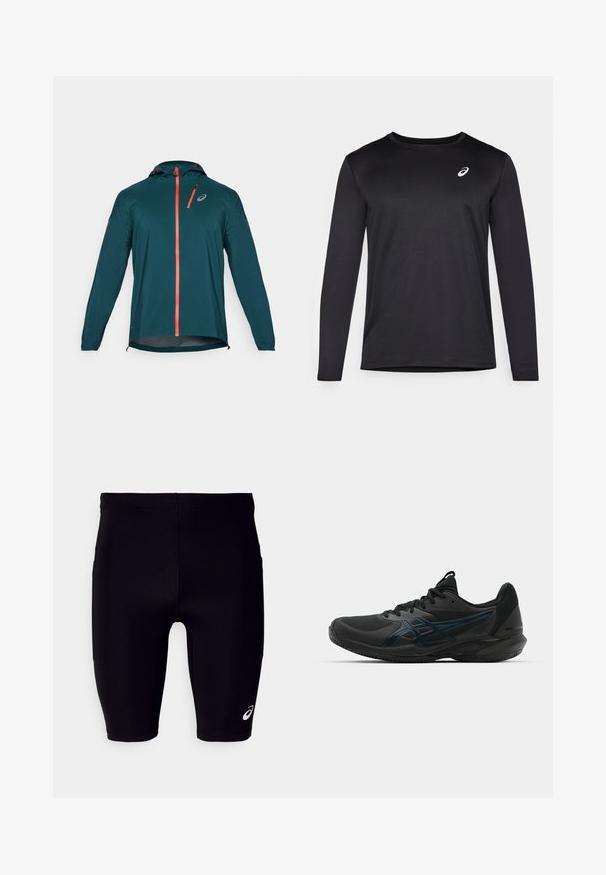 Teal lichtgewicht jack met lange mouwen, verstelbare capuchon, oranje rits en accenten, en reflecterend logo op de borst.; Zwart sportshirt met lange mouwen van een gestructureerde stof, met een ronde halslijn en een klein logo op de borst.; Zwarte sportshorts van rekbaar materiaal, met een strakke pasvorm, knielengte ontwerp en een klein wit logo aan de onderkant.; ASICS SOLUTION SPEED FF 3 CLAY - Tennisschoenen voor kleibanen - black/prism blue