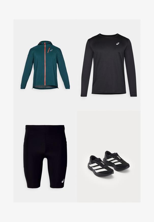 Teal lightweight jacket with long sleeves, adjustable hood, orange zipper and accents, and reflective logo on the chest.; Black long-sleeve athletic shirt made of textured fabric, featuring a round neckline and a small logo on the chest.; Black athletic shorts made of stretchy material, featuring a tight fit, knee-length design, and a small white logo on the lower side.; Pair of black Adidas Adizero running shoes with white stripes and laces on white background, positioned side by side.