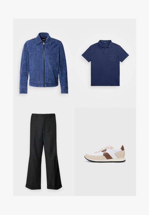 Σακάκι ναυτικού μπλε από σουέτ, με κόψιμο σε σημείο, μπροστινό φερμουάρ, πλαϊνές τσέπες και απαλή υφή με διακριτική γυαλάδα.; Σακάκι πόλο ναυτικό μπλε με κοντό γιακά, τσέπη στο στήθος και κεντητό λογότυπο. Κατασκευασμένο από μαλακό, υφασμάτινο υλικό.; Μαύρο παντελόνι φαρδιάς γραμμής με κουμπωτή μέση και ανοιγμένα στρίφωμα, τοποθετημένο σε λευκό φόντο.; Αθλητικά παπούτσια με συνδυασμό λευκού διχτυωτού υφάσματος και μπεζ σουέτ, με καφέ δερμάτινη λεπτομέρεια. Στρογγυλή μύτη, επίπεδη ελαστική σόλα και σχέδιο με κορδόνια.
