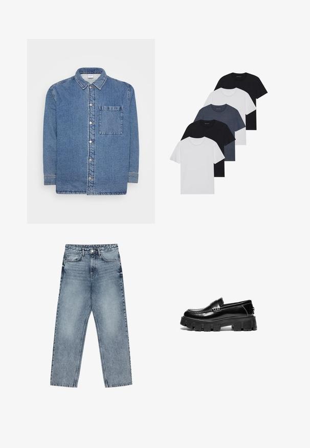 Jeansová košeľa, modrá, s dlhými rukávmi a zapínaním na gombíky. Má špicatý golier a jednu náprsní kapsu. Textúrovaná tkanina.; Sada piatich tričiek v čiernej, bielej a námorníckej modrej farbe. Bavlnený materiál, krátke rukávy, dizajn s okrúhlym výstrihom a hladká textúra bez vzorov.; Svetlomodré džíny s rovnými nohavicami, viditeľným prešívaním, dizajnom s piatimi vreckami a zapínaním na gombík v oblasti pása.; Čierne kožené loafers s robustnou gumovou podrážkou, dekoratívny popruh cez vrch a kontrastné biele prešívanie. Hladký povrch s okrúhlym špičkou.