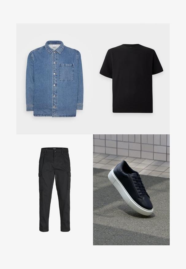 Denimska srajca, modra, z dolgimi rokavi in zapenjanjem spredaj. Ima koničast ovratnik in en sam žep na prsih. Teksturna tkanina.; Črna kratka majica s kratkimi rokavi, izdelana iz teksturirane tkanine, z okroglim izrezom in sproščenim krojem. Preprosta, brez vzorcev ali dodatkov.; Črne cargo hlače iz trdnega blaga, ki imajo več žepov, gumbasto zapiranje in ozek kroj z zožanimi nogami.; Črne usnjene superge z zaobljenim prstom in belim gumijastim podplat. Imajo ravne vezalke in minimalno šivanje na zgornjem delu. Teksturirani podplat za oprijem.