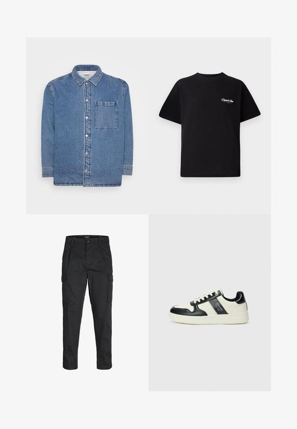 Denim shirt, blue, with long sleeves and a button-up front. Features a pointed collar and a single chest pocket. Textured fabric.; Black cotton t-shirt featuring a crew neckline, short sleeves, and small white logo text on the left chest. Simple design, classic fit.; Black cargo pants made of sturdy fabric, featuring multiple pockets, a button closure, and a slim fit design with tapered legs.; Leather sneakers with a black and cream color scheme, featuring perforated accents, a padded collar, and a textured outsole.