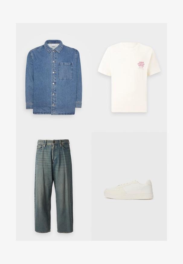 Farmer ing, kék, hosszú ujjú, gombos elülső részel. Hegyes gallérral és egyetlen mellzsebbel rendelkezik. Texturált anyag.; Fehér, rövid ujjú póló, bal mellen piros szöveggel "Studio Originals Edition", semleges szürke háttér előtt.; Világoskék farmernadrág, laza fazonnal, közepes derékbőséggel és egyenes szárral. Öt zsebet, övbucskát és gombos záródást tartalmaz.; Fehér sneaker sima bőrből készült felső résszel és velúr részletekkel. Perforált orral, lapos fűzőkkel és texturált díszítéssel ellátott gumitalppal rendelkezik.