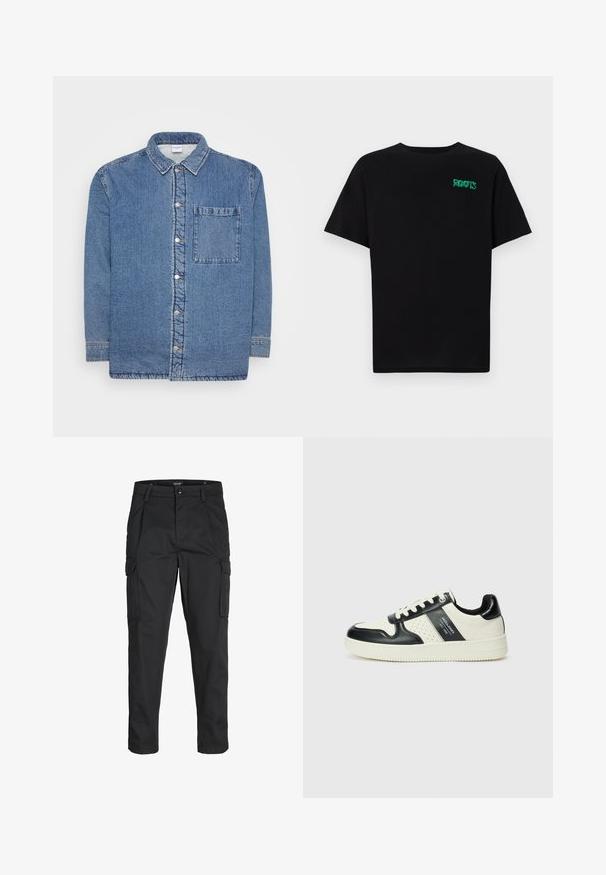 Cămașă din denim, albastră, cu mâneci lungi și închidere cu nasturi. Prezintă un guler ascuțit și o singură buzunar pe piept. Țesătură texturată.; Tricou negru din bumbac, cu mâneci scurte. Prezintă un logo verde "ROOTS" pe față, guler rotund și o potrivire standard.; Pantaloni cargo negri dintr-un material rezistent, cu multiple buzunare, închidere cu nasture și un design slim fit cu picioare conice.; Tenisi din piele cu un scheme de culori negru și crem, dotati cu accente perforate, guler căptușit și o talpă texturată.