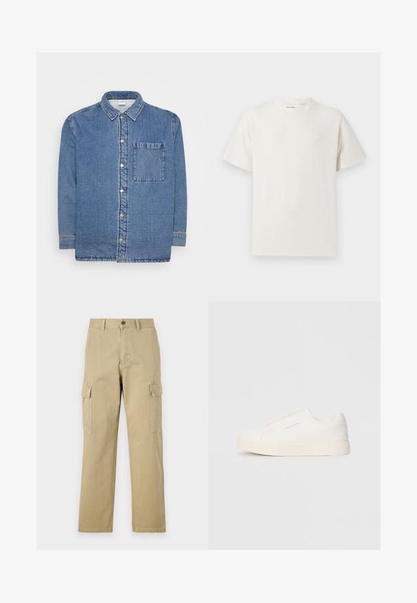 Μπλε τζιν πουκάμισο, με μακριά μανίκια και κουμπιά μπροστά. Διαθέτει κοφτό γιακά και μια μόνο τσέπη στο στήθος. Υφασμάτινη υφή.; Λευκή κοντομάνικη μπλούζα με ριγωτή υφή. Στρογγυλή λαιμόκοψη, χαλαρή εφαρμογή, χωρίς ορατά σχέδια ή λεπτομέρειες. Απλός και ευέλικτος σχεδιασμός.; Μπεζ cargo παντελόνια φτιαγμένα από βαμβάκι, με δύο πλάγιες τσέπες, κουμπί κλεισίματος και ίσια πόδια με ελαφρώς υφαντό ύφασμα.; Λευκά slip-on παπούτσια με υφή, παχύ πάτο και μινιμαλιστικό σχέδιο. Φέρει το λογότυπο της μάρκας στο πλάι.