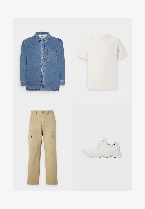 Denimhemd, blau, mit langen Ärmeln und Knopfleiste vorne. Verfügt über einen spitzen Kragen und eine einzelne Brusttasche. Strukturierter Stoff.; Weißes T-Shirt mit kurzen Ärmeln in gerippter Textur. Runder Ausschnitt, lockere Passform, keine sichtbaren Muster oder Akzente. Einfaches und vielseitiges Design.; Beige Cargo-Hosen aus Baumwolle, mit zwei Seitentaschen, einem Knopfverschluss und geraden Beinen aus einem leicht strukturierten Stoff.; Weiße Sportschuhe mit einem strukturierten Strickobermaterial, flachen Schnürsenkeln und einer gepolsterten Sohle mit sichtbaren Luftkammern für zusätzlichen Halt.