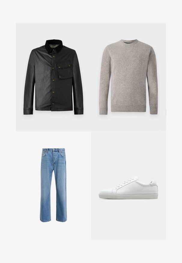 Black, lightweight jacket with a button-up front, corduroy collar, and chest pocket. Features brass hardware and a smooth, slightly shiny texture.; Light gray knitted sweater with a crew neckline, long sleeves, and ribbed cuffs and hem. Textured pattern with flecks of color.; Light blue denim jeans with a straight-leg design, five pockets, button closure, minimal fading, and contrasting stitching details.; White sneaker with a smooth leather upper and a low profile. Features a rounded toe, six eyelets, and a textured rubber sole.