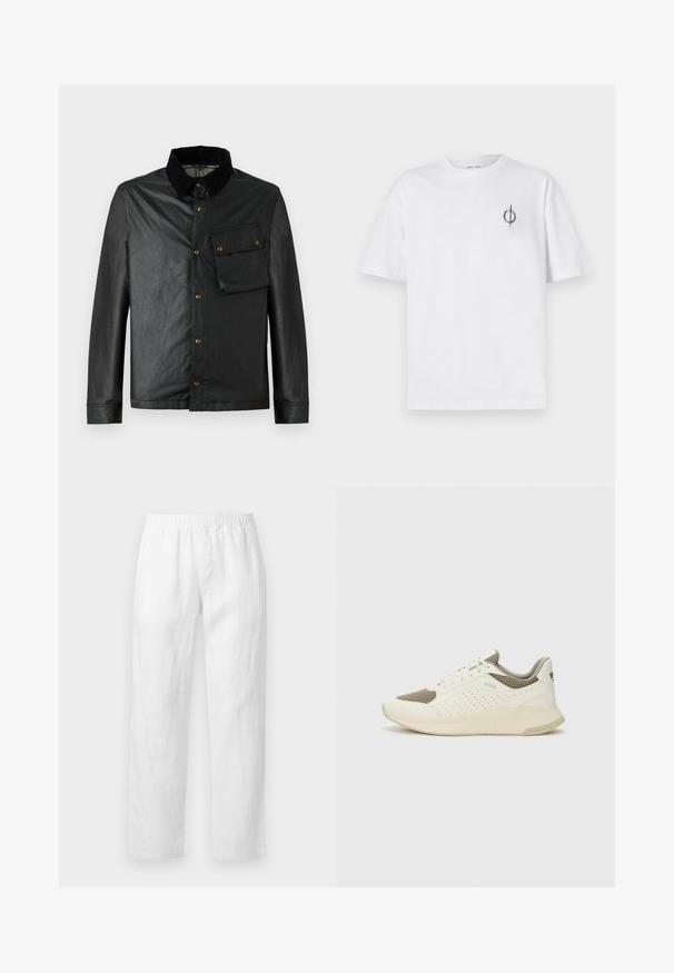 Juodas, lengvas švarkas su mygtukų uždarymu priekyje, užpakaline dalimi iš švelnaus velveto ir krūtinės kišene. Savybės - varinės detalės ir lygi, šiek tiek blizgi tekstūra.; Balta medvilninė marškinė su laisvu siluetu, su mažą juodą grafiką logotipą kairėje krūtinės pusėje. Trumpomis rankovėmis, apvaliu kaklu.; Baltos lino kelnės su elastiniu liemeniu, tiesių kojų piešiniu ir minkšta tekstūra be matomų raštų ar aparatūros detalių.; Baltas ir šviesiai bežinis sportinis kedas, su tinklo viršumi, perforuotais detalėmis ir tekstūruotu tarpine su logotipu ant kulno.