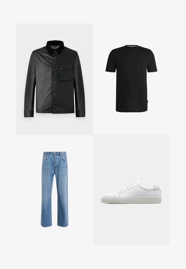 Black, lightweight jacket with a button-up front, corduroy collar, and chest pocket. Features brass hardware and a smooth, slightly shiny texture.; Black short-sleeve t-shirt made of smooth cotton with a round neckline. Features a subtle brand label on the left side near the hem.; Light blue denim jeans with a straight-leg design, five pockets, button closure, minimal fading, and contrasting stitching details.; White sneaker with a smooth leather upper and a low profile. Features a rounded toe, six eyelets, and a textured rubber sole.
