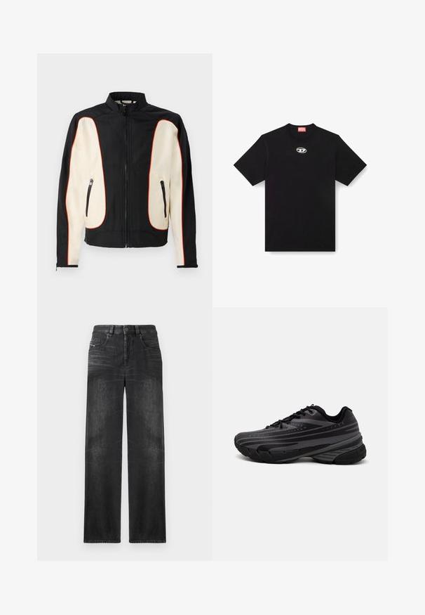 Svart og kremfarget jakke med ståkrage. Har røde detaljer, to glidelåslommer og et glatt, lett teksturert stoff.; Svart bomull T-skjorte med rund hals og korte ermer. Har en liten, sølvfarget logo brodert på midten foran.; Sorte jeans med rett ben i denim, med fem lommer, beltehemper, og subtil fading på stoffet for tekstur.; Svarte joggesko med en teksturert overdel som har grå striper. Tykk såle for demping, rund tå og flate snører for en sikker passform.