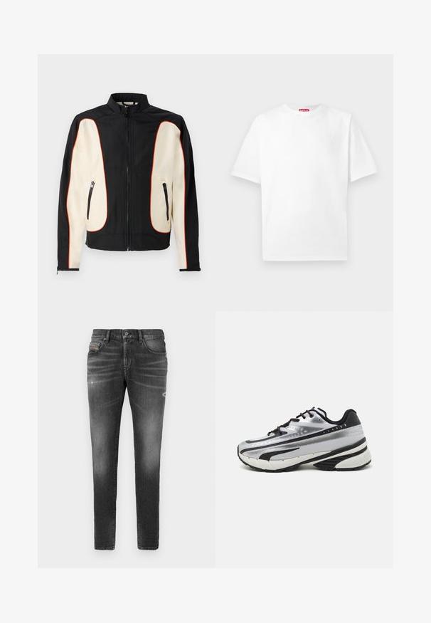 Melna un krēmkrāsas jaka ar stāvo apkakli. Satur sarkanas odere, divas ar rāvējslēdzējiem aizveramas kabatas un gludu, nedaudz struktūru audumu.; Balta kokvilnas T-kreka ar apaļu kaklu un īsām piedurknēm. Priekšpusē ir subtīls logo un uz kakla ir sarkans uzraksts.; Pelēki džinsi ar šauru piegriezumu, ar nelielu nodilumu, izsistām detaļām un tradicionālu pogu aizdari.; Skriešanas apavi ar sudraba acs augšdaļu, melniem akcentiem un baltu zolīti. Iezīmējas ar teksturētu dizainu un melnām auklām. Vieglie un mīkstie.