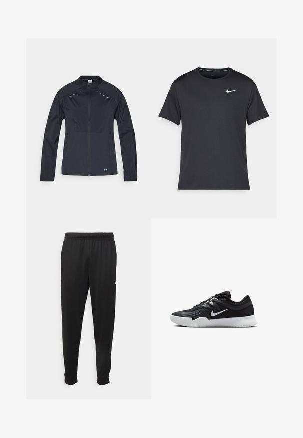 Kurtka Nike w czarnym materiale z wysokim kołnierzem, pełnym zamkiem i niebieskimi detalami na ramionach. Posiada zapinane na zamek boczne kieszenie.; Czarna koszulka do biegania Nike z lekkiego, oddychającego materiału, z krótkimi rękawami i małym białym logo na piersi.; Czarne sportowe spodnie wykonane z gładkiego materiału, z elastycznym pasem, zwężanymi nogawkami i małym białym logo po lewej stronie.; Czarne buty sportowe z teksturowaną cholewką, białym logo Nike i białą gumową podeszwą. Charakteryzują się sznurowanym zapięciem i dynamicznym kształtem.