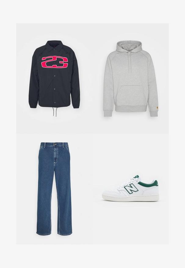 Μαύρο αδιάβροχο μπουφάν με μεγάλο ροζ και λευκό γραφικό λογότυπο. Διαθέτει κουμπιά στο μπροστινό μέρος, ραμμένα μανίκια και ρυθμιζόμενο στρίφωμα.; Γκρι φούτερ με κουκούλα, διαθέτει τσέπη καγκουρό, ριμπ μανίκια και στρίφωμα, με λογότυπο στην αριστερή μανσέτα. Μαλακή υφή υφάσματος.; Μπλε τζιν παντελόνι με ίσια γραμμή, σχέδιο πέντε τσεπών, κλείσιμο με μεταλλικό κουμπί και εμφανή ραφή κατά μήκος των ραφών και του περιθωρίου.; Λευκό sneakers με πράσινες λεπτομέρειες, δερμάτινη επένδυση, τρύπες στη μύτη, κούμπωμα με κορδόνια και υφασμένο καουτσούκ στη σόλα. Έχει το χαρακτηριστικό λογότυπο "Ν".