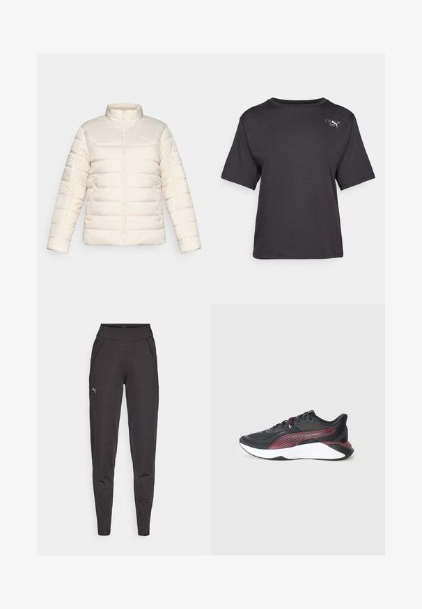 Kreemi värvi õmmeldud pufferjakk, millel on täispikk tõmblukk, kõrge krae, küljetaskute tõmblukud ja väike Puma logo rinnal.; Mustat lyhythihaiset t-paidat, jotka on valmistettu pehmeästä kankaasta, joissa on pyöreä pääntie ja pieni logotunnus vasemmalla ylhäällä.; Mustat urheilulegginsit, jotka on valmistettu joustavasta kankaasta. Niissä on korkea vyötärö, sivutaskut ja pieni heijastava logo vasemmassa reidessä.; Musta urheilukenkä, jossa on teksturoitu verkko-yläosa, tummankarmin värisiä yksityiskohtia, pehmustettu valkoinen välipohja ja kuvioitu sivusuunnittelu.