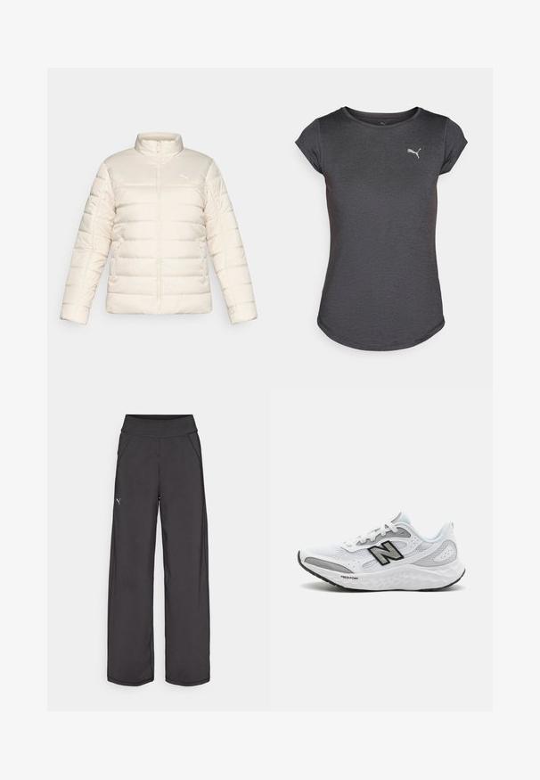 Chaqueta de plumas acolchada color crema con cremallera frontal completa, alto cuello, bolsillos con cremallera lateral y pequeño logo de Puma en el pecho.; Camiseta atlética gris con mangas cortas, cuello redondo y un sutil logo en el pecho. Confeccionada en una tela suave y ligera.; Pantalones deportivos negros con una cinturilla ancha, bolsillos laterales y costuras planas. Presenta un pequeño logo en la pierna izquierda. Fabricado con una tela suave y elástica.; Zapatillas deportivas blancas con parte superior de malla, acentos en negro y gris, diseño ligero, amortiguación Fresh Foam y suela de goma texturizada.