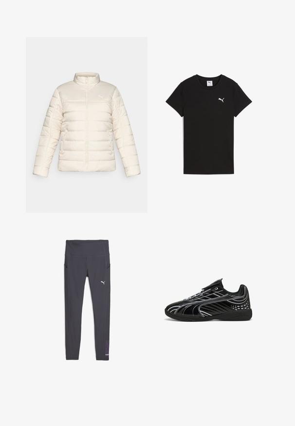 Crème-kleurige gewatteerde pufferjas met volledige rits aan de voorkant, hoge kraag, zijritszakken en klein Puma-logo op de borst.; Zwart geribbelde short-sleeve t-shirt met een ronde hals en een wit Puma-logo op de linkerborst. Glad textuur. Klassieke pasvorm.; Grijze sportlegging met een hoge tailleband, zijkwesten en een paarse patronenaccent op het onderbeen, voorzien van een witte logo.; Zwarte sportieve schoen met een slank ontwerp, voorzien van een glanzende afwerking, witte accenten, meshpanelen voor ademend vermogen en een klittenbandsluiting.