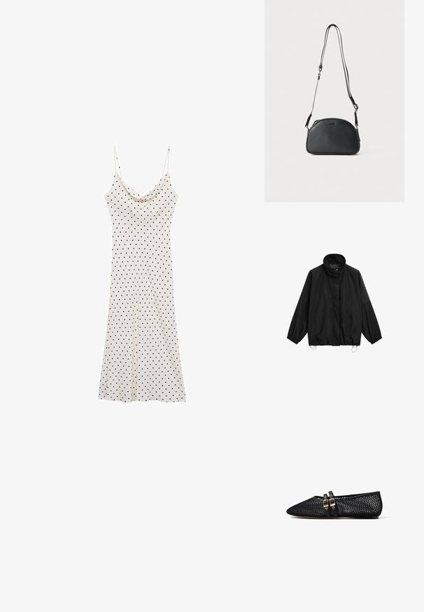 Schwarze, leichte Jacke mit hohem Kragen, elastischen Bündchen und verstellbaren Kordelzügen am Saum.; Ärmelloses Kleid aus weichem, leichtem Stoff; cremefarbener Hintergrund mit schwarzen Punkten; drapierter Halsausschnitt und fließende Silhouette.; Schwarze Netzflatschuhe mit spitzer Zehe und zwei dünnen Doppelverschlüssen über dem Spann, seitlich auf weißem Hintergrund angezeigt.; Schwarze Leder-Umhängetasche mit runder Form, zwei verstellbaren Trägern und einem dezenten Logo auf der Vorderseite. Strukturierte Außenseite, minimalistisches Design.