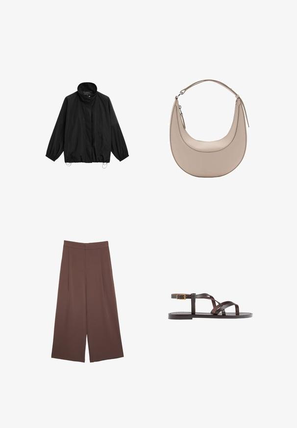 Černá lehká bunda s vysokým límcem, elastickými manžetami a nastavitelnými šňůrkami v spodní části.; Hnědé tričko s krátkým rukávem vyrobené z měkké látky, s kulatým výstřihem a volným střihem. Bez viditelných vzorů nebo dekorací.; Hnědé široké kalhoty s hladkou texturou, vysokým pasem a předními záhyby. Materiál je lehký a volně splývá.; Hnědé kožené sandály s kříženými pásky, uzavřením na přezku u kotníku a plochou podrážkou s minimem švů.; Světle béžová kožená kabelka přes rameno s půlměsíčovým tvarem, hladkým povrchem a jedním zakřiveným uchopem. Obsahuje zipový uzávěr a upravené švy.