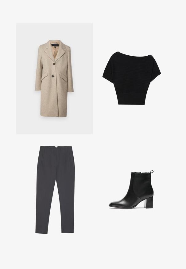 Manteau en mélange de laine beige avec revers cranté, deux grandes poches avant et boutons sur le devant. Texture lisse, design de transition.; Anna Field T-shirt imprimé - black; Pantalons taper gris foncé avec poches latérales et plis avant, conçus pour un ajustement sur mesure.; Bottes noires en cuir à hauteur de cheville avec un bout arrondi, un talon bloc de hauteur moyenne et une languette à l'arrière. Texture lisse, design minimal.