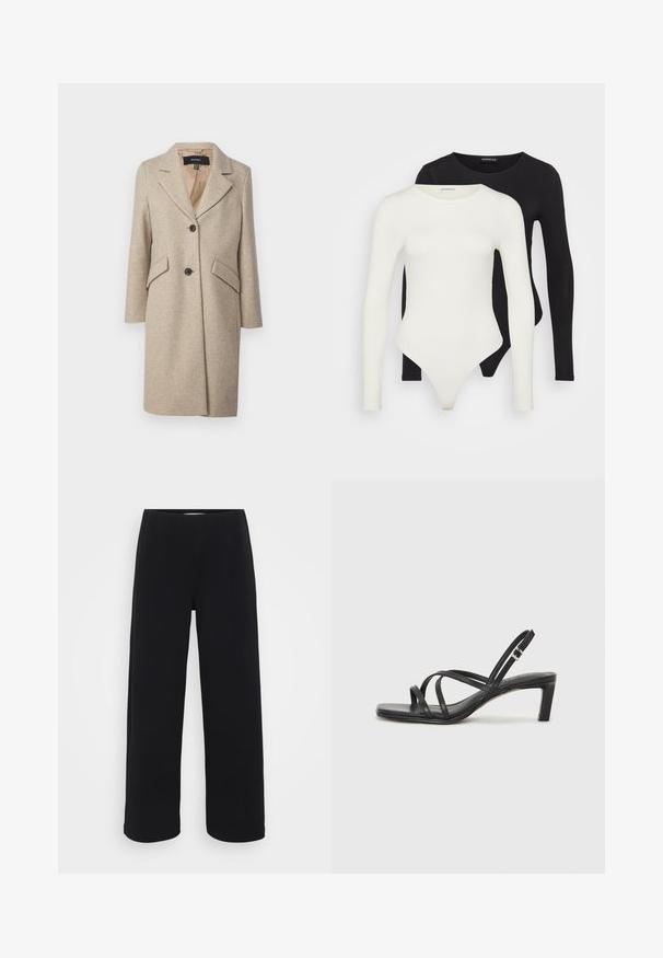 Béžový kabát vyrobený z vlnenej zmesi s klopovým golierom, dvoma veľkými prednými vreckami a gombíkmi po celej dĺžke. Hladká textúra, prechodový dizajn.; Dve body s dlhým rukávom v bielej a čiernej farbe. Vyrobené z hladkej tkaniny, s okrúhlym výstrihom a nohavičkovým dnom pre pohodlné nosenie.; Čierne široké nohavice s elastickým pásom. Vyrobené z textúrovanej látky, s voľným strihom a rovným strihom od pásu po lem.; Čierne sandále na vysokom podpätku so štvorcovou špičkou a nízkym blokovým podpätkom. Obsahujú viacero tenkých popruhov a nastaviteľný členkový popruh. Vyrobené z hladkej kože.