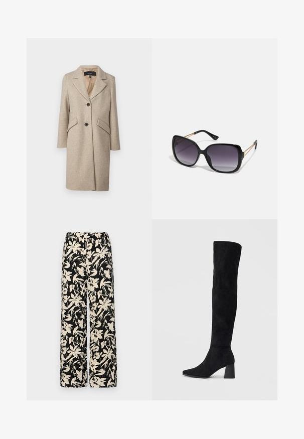 Casaco de mistura de lã em bege com lapela de bico, dois grandes bolsos frontais e botões na parte da frente. Textura suave, design de transição.; Top preto de ombros à mostra, feito de um tecido elástico e suave. Apresenta mangas curtas e uma silhueta ajustada. Design simples e sem costuras.; Calças largas pretas com um padrão floral creme. Feitas de um tecido leve, apresentando uma textura suave e uma cintura alta.; Bota de camurça preta até ao joelho com salto bloco, bico fino e design suave e sem costuras sobre um fundo claro.; Óculos de sol oversized pretos com lentes degradê, armações grossas e detalhes em corrente dourada nas hastes.